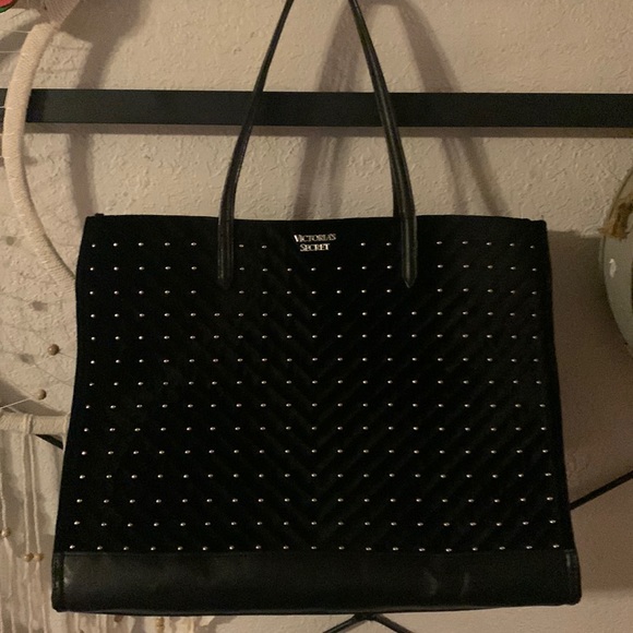 Victoria's Secret Handbags - VICTORIAS SECRET STUDDED VELVET TOTE BLACK BAG  HANDBAG.